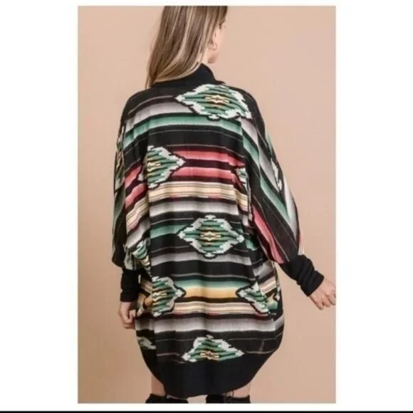 MULTICOLOR AZTEC PRINT OPEN CARDIGAN W/DOLMAN SLEEVES-NEW - Picture 2 of 8